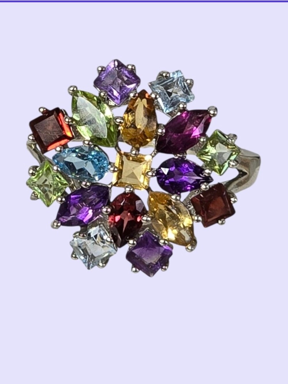 925 Sterling Silver Ring With Natural Citrine, Amethyst, Garnet, Topaz, Peridot